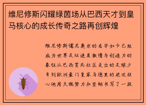 维尼修斯闪耀绿茵场从巴西天才到皇马核心的成长传奇之路再创辉煌